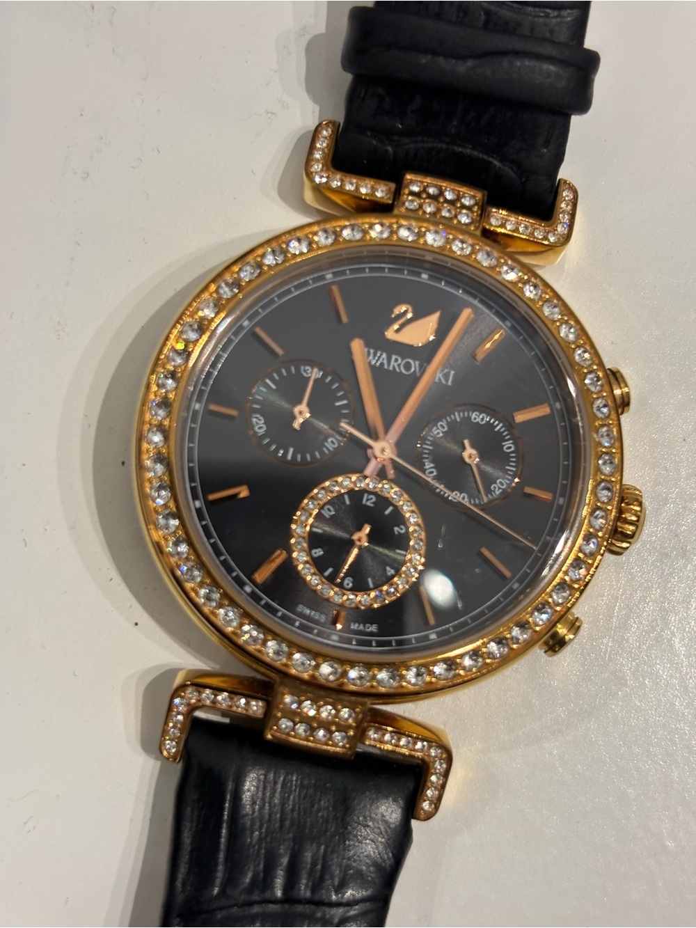 Swarovski Gold-Tone Watch with Black Strap